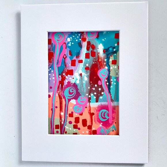 Summer Pop 2 Original Art Acrylic Painting Turquoise Pink Red Frame Ready 8x10in - Picture 5 of 6
